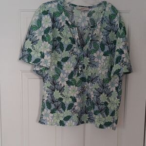 LOFT Green & Blue Floral Short Sleeve Top